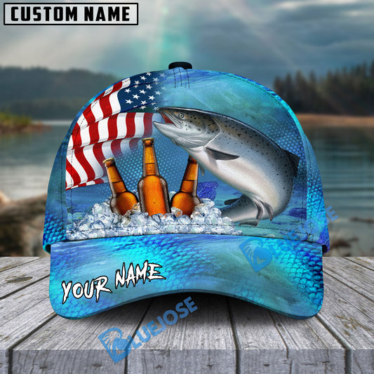 BlueJose Salmon Fishing Beer USA Flag Personalized Cap