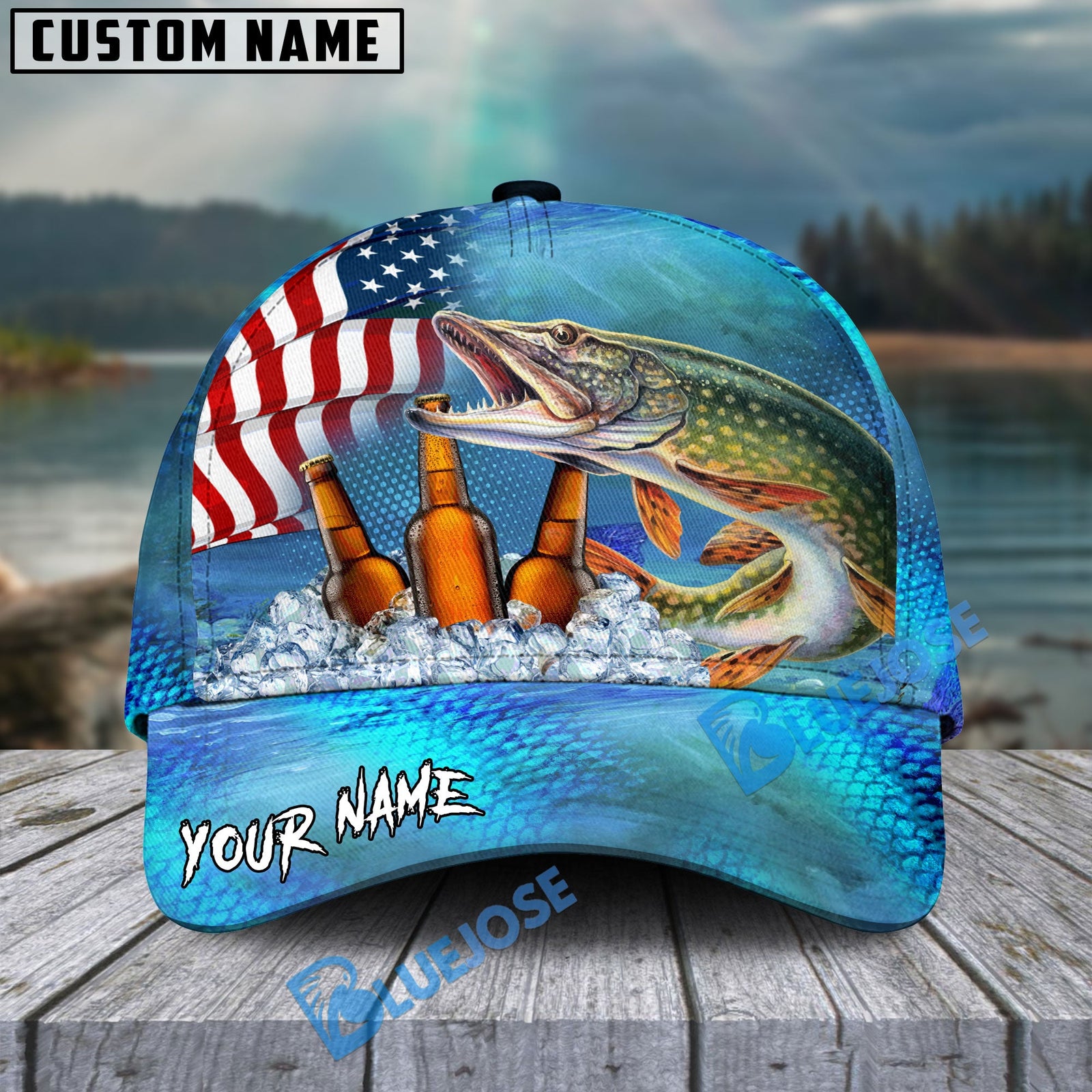 BlueJose Pike Fishing Beer USA Flag Personalized Cap