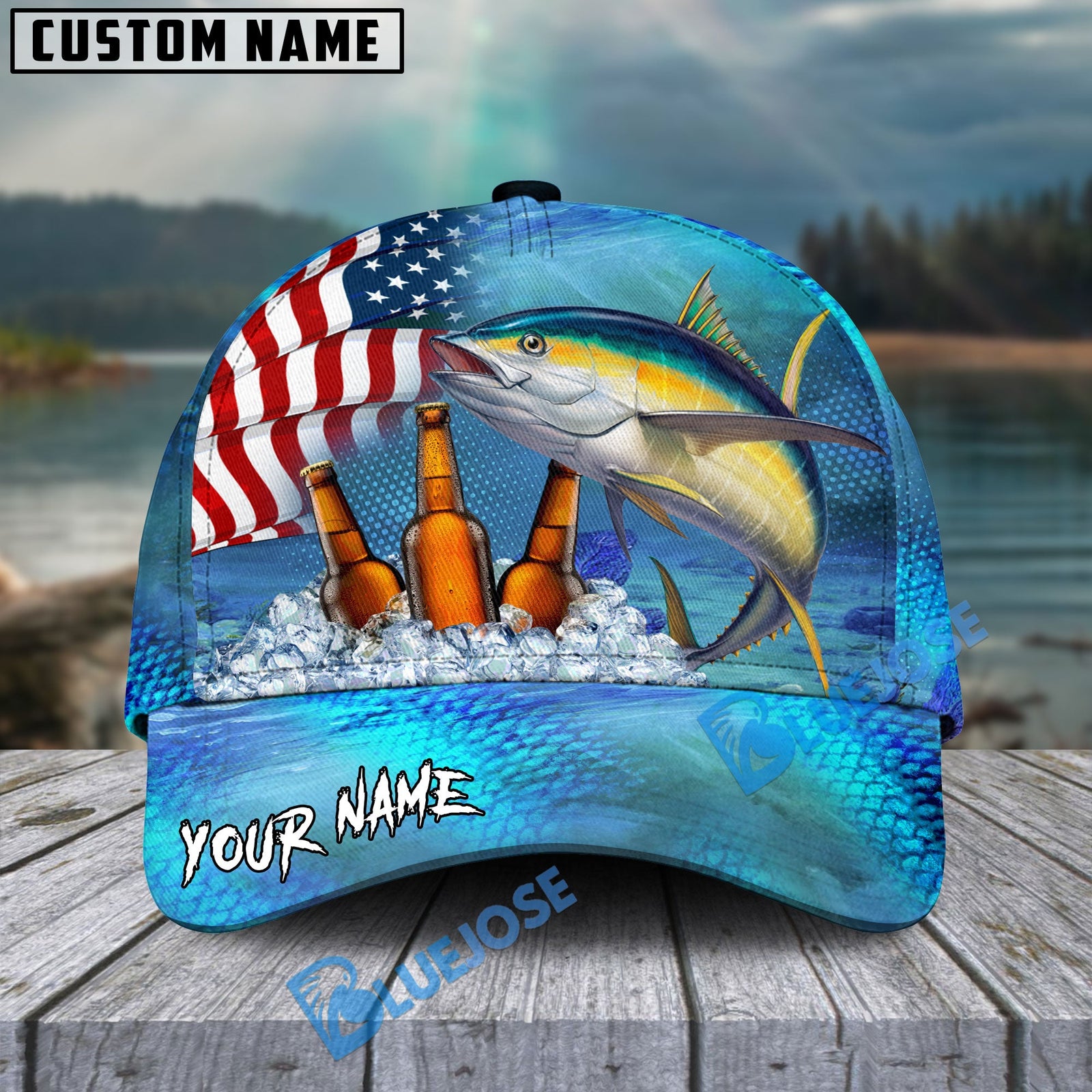 BlueJose Tuna Fishing Beer USA Flag Personalized Cap