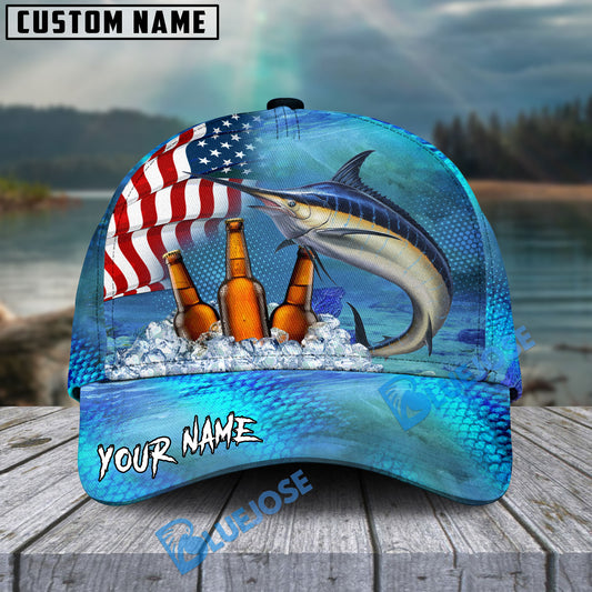 BlueJose Marlin Fishing Beer USA Flag Personalized Cap