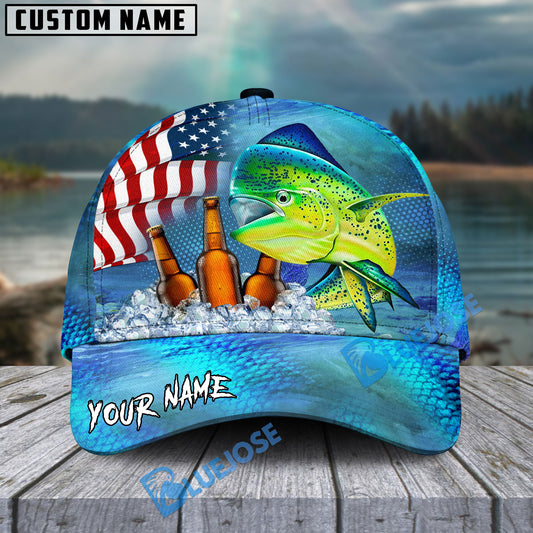 BlueJose Mahi-Mahi Fishing Beer USA Flag Personalized Cap