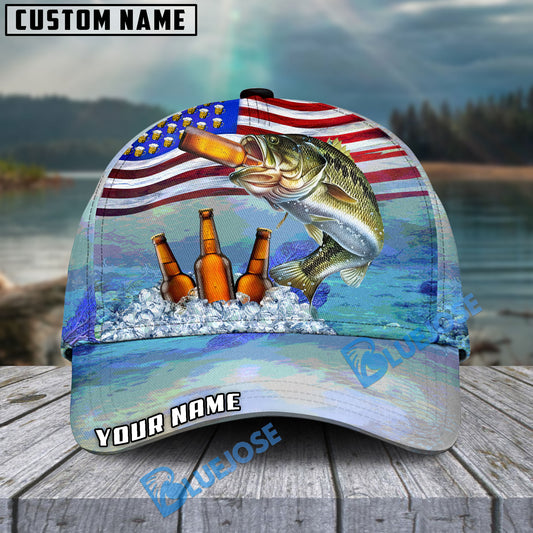 BlueJose Fishing American Flag Beer Personalized Cap (Bass, Walleye, Trout, Catfish, Crappie, Striped Bass, Salmon, Pike, Tuna, Marlin, Mahi-mahi)
