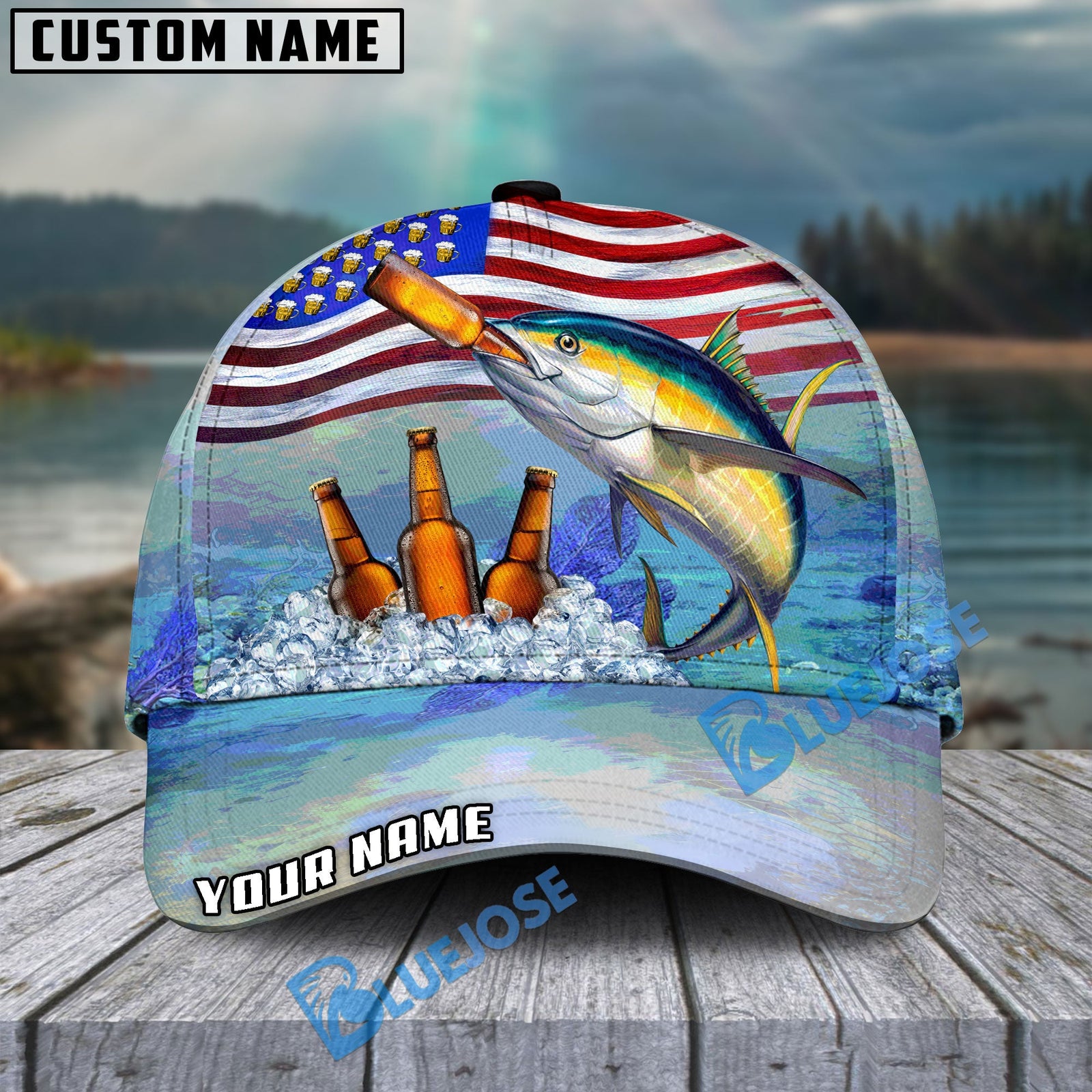 BlueJose Fishing American Flag Beer Personalized Cap (Bass, Walleye, Trout, Catfish, Crappie, Striped Bass, Salmon, Pike, Tuna, Marlin, Mahi-mahi)