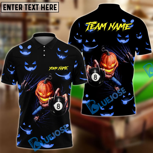 BlueJose Billiards Ball 8 Halloween Pumpkin Scary Head Personalized Name, Team Name Unisex Shirt (4 Colors)