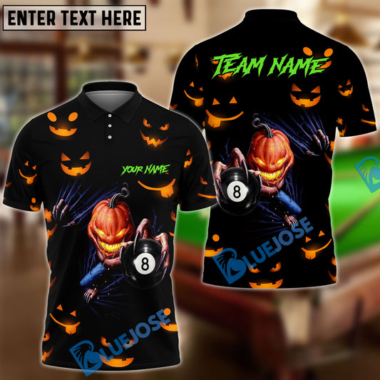 BlueJose Billiards Ball 8 Halloween Pumpkin Scary Head Personalized Name, Team Name Unisex Shirt (4 Colors)