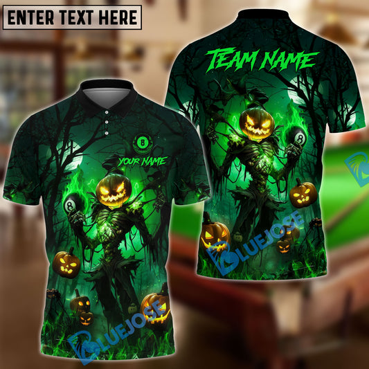 BlueJose Billiards Ball 8 Halloween Pumpkin Head Haunt Night Personalized Name, Team Name Unisex Shirt (4 Colors)