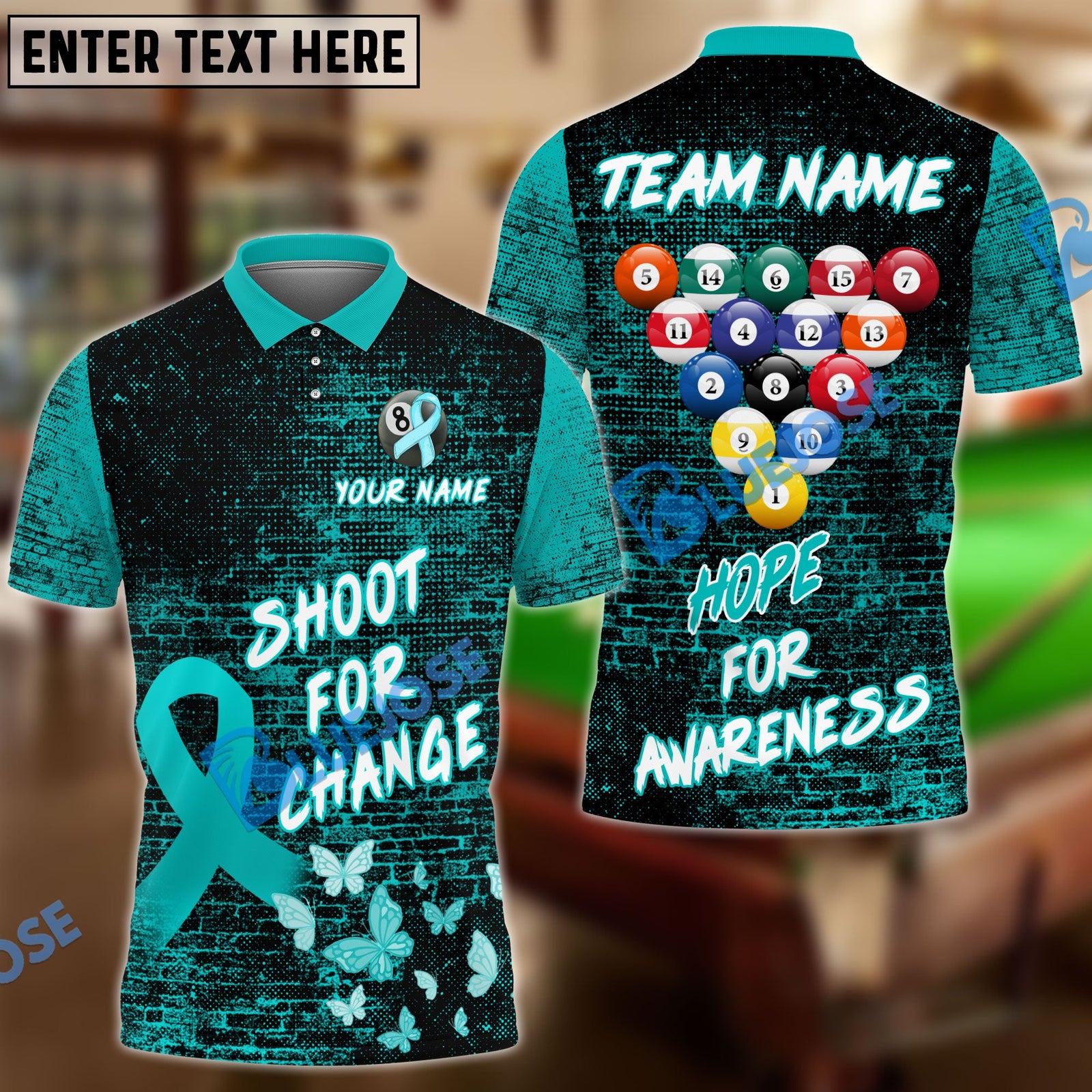 BlueJose Billiards Ball 8 Shoot For Change Hope For Awareness Personalized Name, Team Name Unisex Shirt (4 Colors)