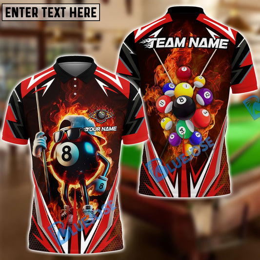 BlueJose Billiards 8 Ball Flame Cartoon Personalized Name, Team Name Unisex Shirt (4 Colors)