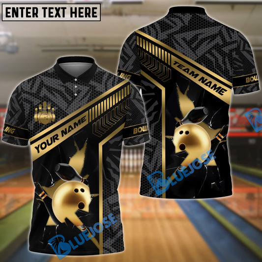 BlueJose Bowling And Pins Gold Strike Line Design Customized Name, Team Name 3D Shirt (4 Colors)