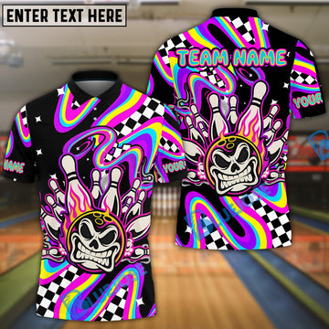 BlueJose Bowling And Pins Psychedelic Skull Strike Customized Name, Team Name 3D Shirt