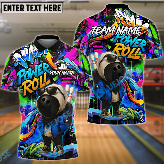 BlueJose Bowling And Pins Graffiti Ball Character Power Roll Customized Name, Team Name 3D Shirt (4 Colors)