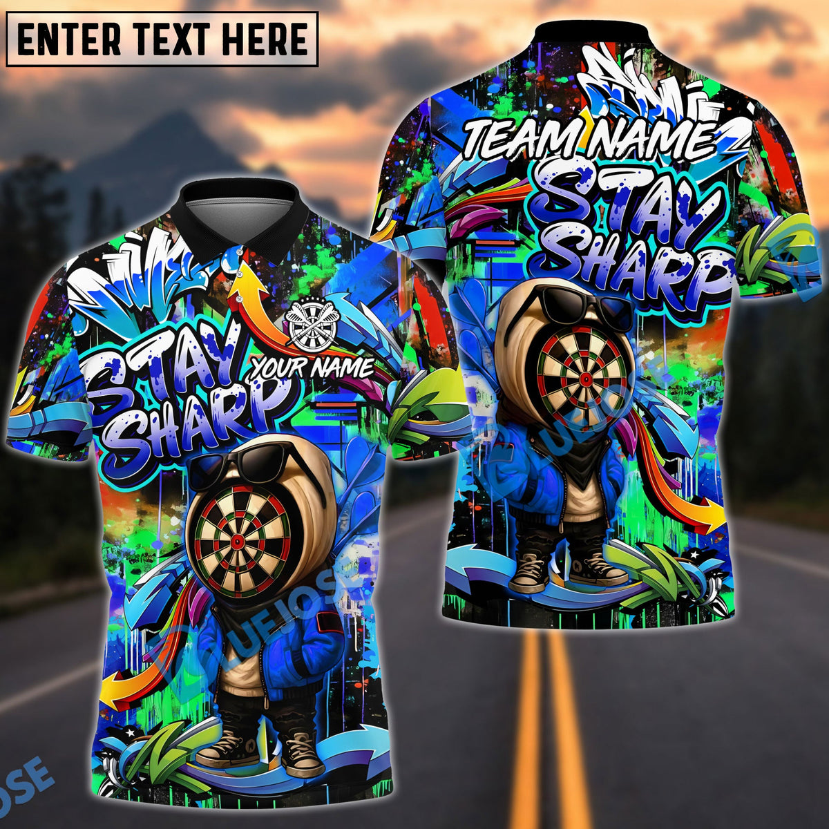 BlueJose Darts Graffiti Character Stay Sharp Personalized Name, Team Name Unisex Shirt (4 Colors)