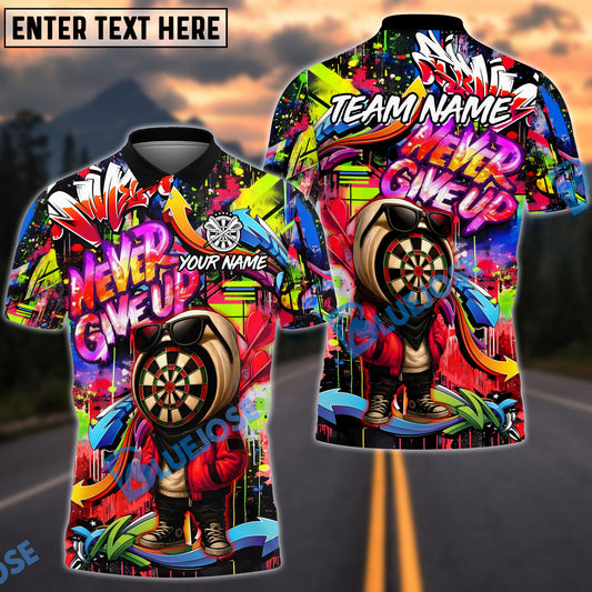 BlueJose Darts Graffiti Character Never Give Up Personalized Name, Team Name Unisex Shirt (4 Colors)