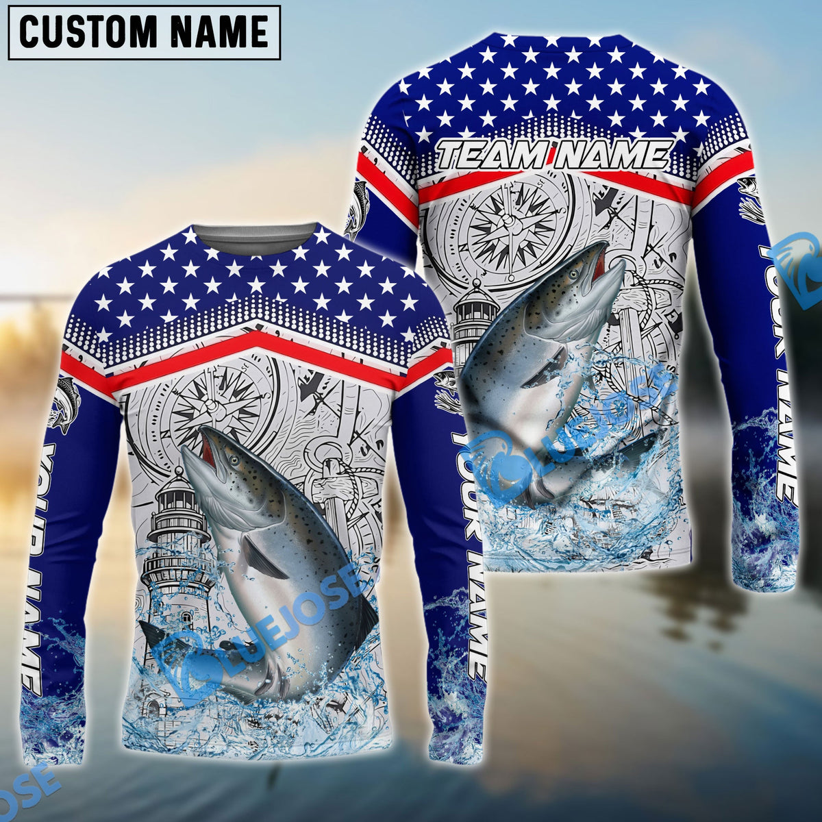 Bluejose Salmon Fishing American Anchor Compass Lighthouse Graphic Custom Name &amp; Team Name 3D Shirts
