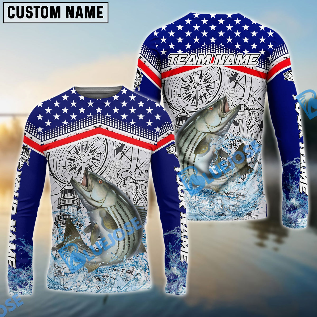 Bluejose Striped Bass Fishing American Anchor Compass Lighthouse Graphic Custom Name &amp; Team Name 3D Shirts