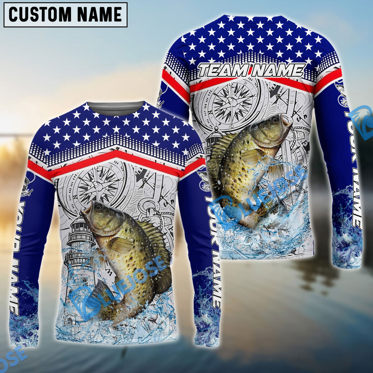 Bluejose Crappie Fishing American Anchor Compass Lighthouse Graphic Custom Name &amp; Team Name 3D Shirts