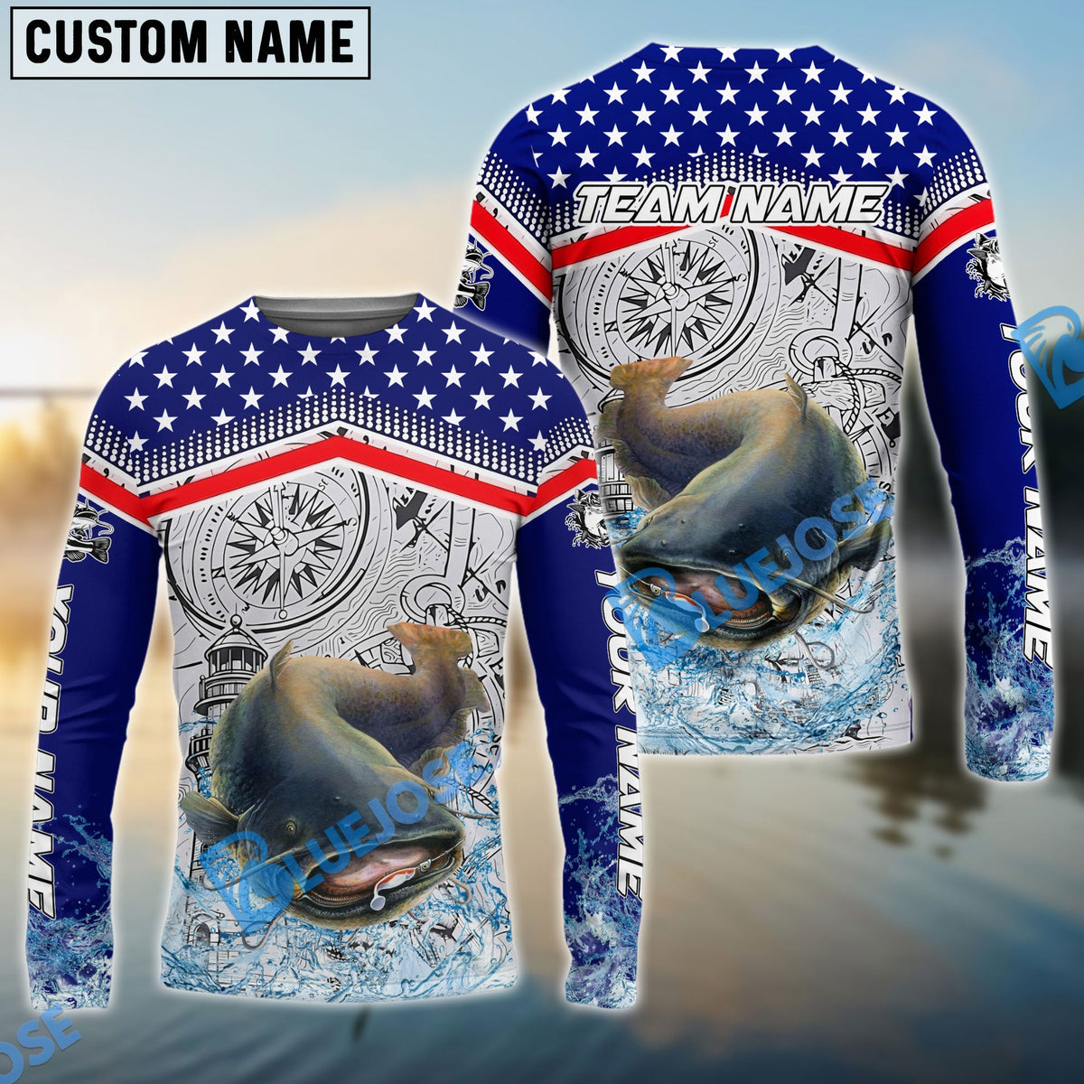 Bluejose Catfish Fishing American Anchor Compass Lighthouse Graphic Custom Name &amp; Team Name 3D Shirts