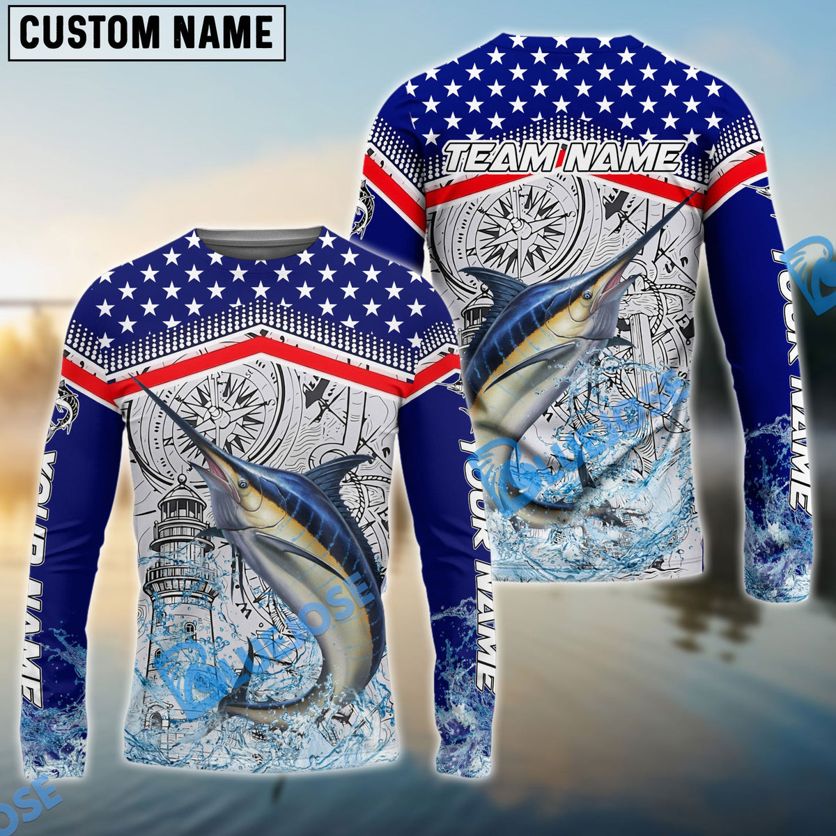 Bluejose Marlin Fishing American Anchor Compass Lighthouse Graphic Custom Name &amp; Team Name 3D Shirts