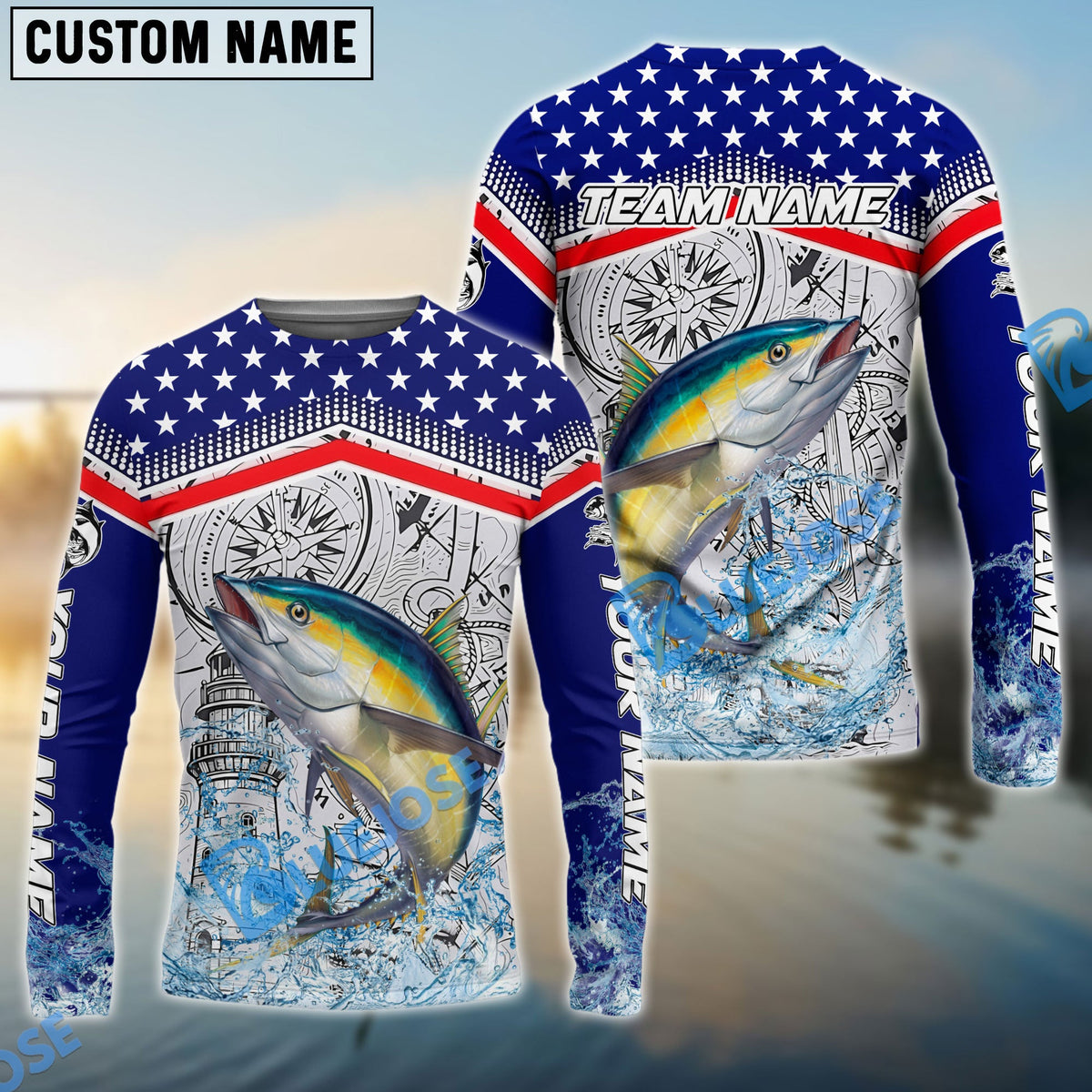 Bluejose Tuna Fishing American Anchor Compass Lighthouse Graphic Custom Name &amp; Team Name 3D Shirts