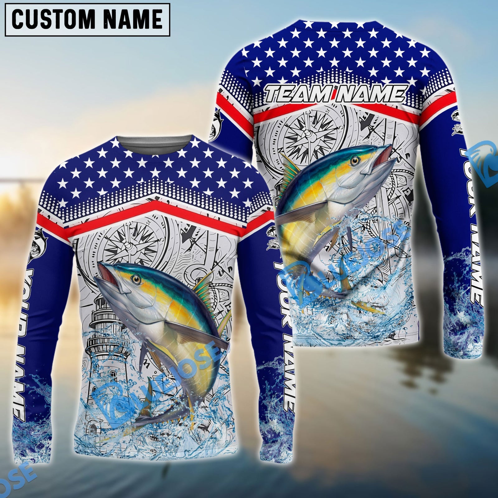 Bluejose Tuna Fishing American Anchor Compass Lighthouse Graphic Custom Name & Team Name 3D Shirts
