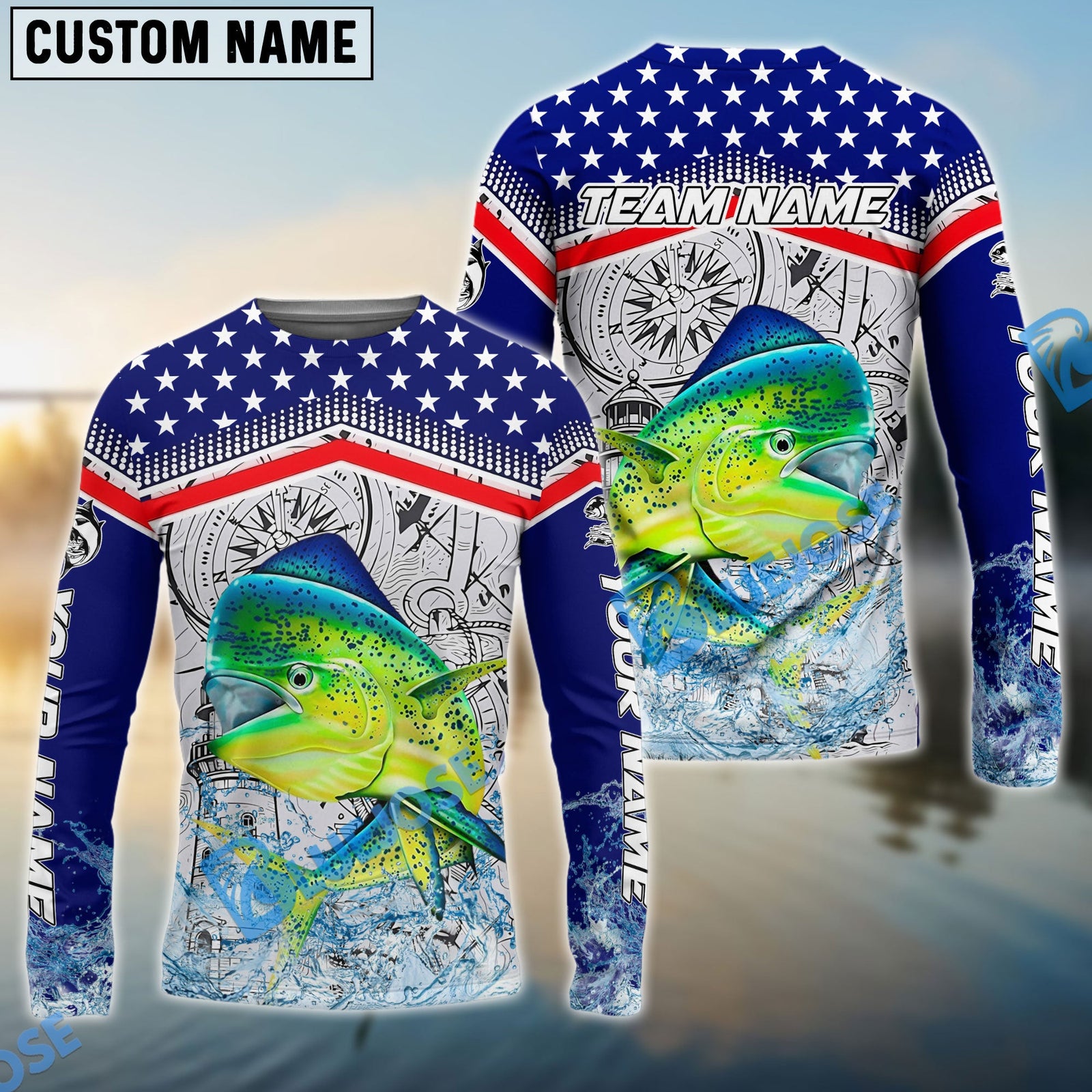Bluejose Mahi-Mahi Fishing American Anchor Compass Lighthouse Graphic Custom Name & Team Name 3D Shirts