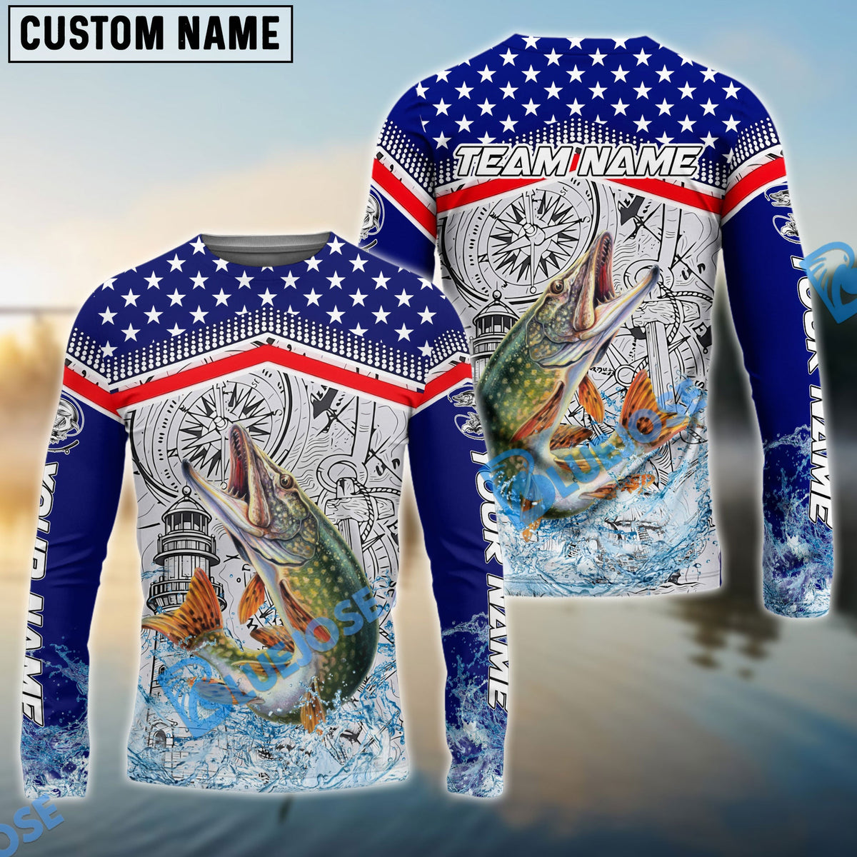 Bluejose Pike Fishing American Anchor Compass Lighthouse Graphic Custom Name &amp; Team Name 3D Shirts