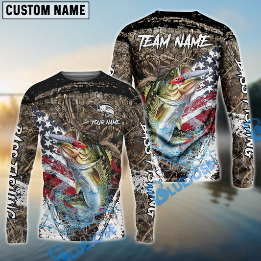 Bluejose Bass Fishing American Flag Scratch Grass Camo Custom Name & Team Name 3D Shirts