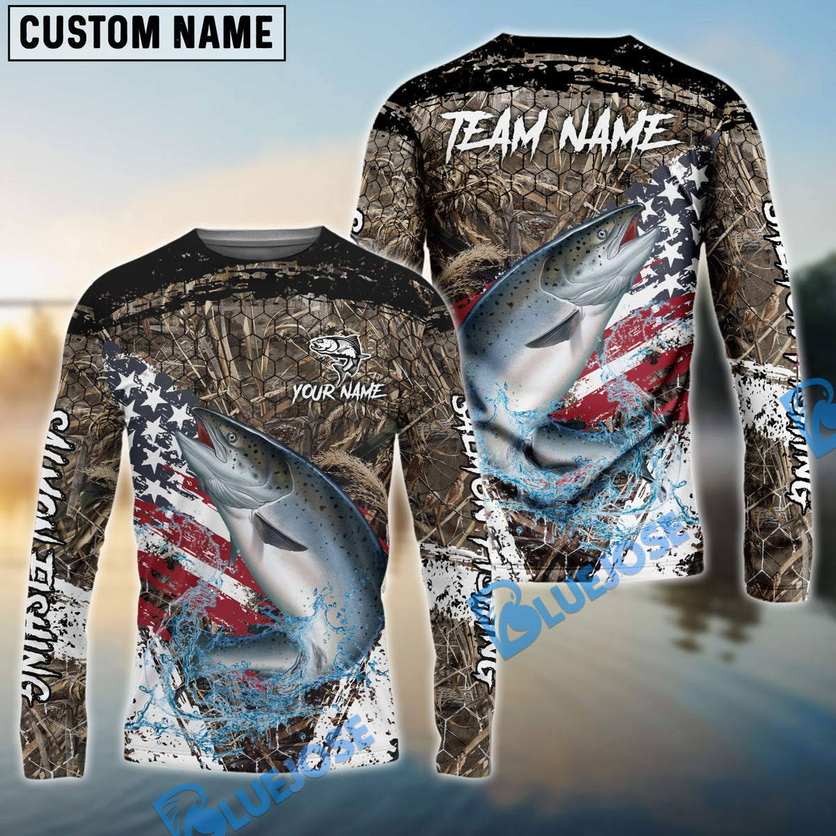 Bluejose Salmon Fishing American Flag Scratch Grass Camo Custom Name &amp; Team Name 3D Shirts