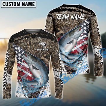 Bluejose Salmon Fishing American Flag Scratch Grass Camo Custom Name & Team Name 3D Shirts