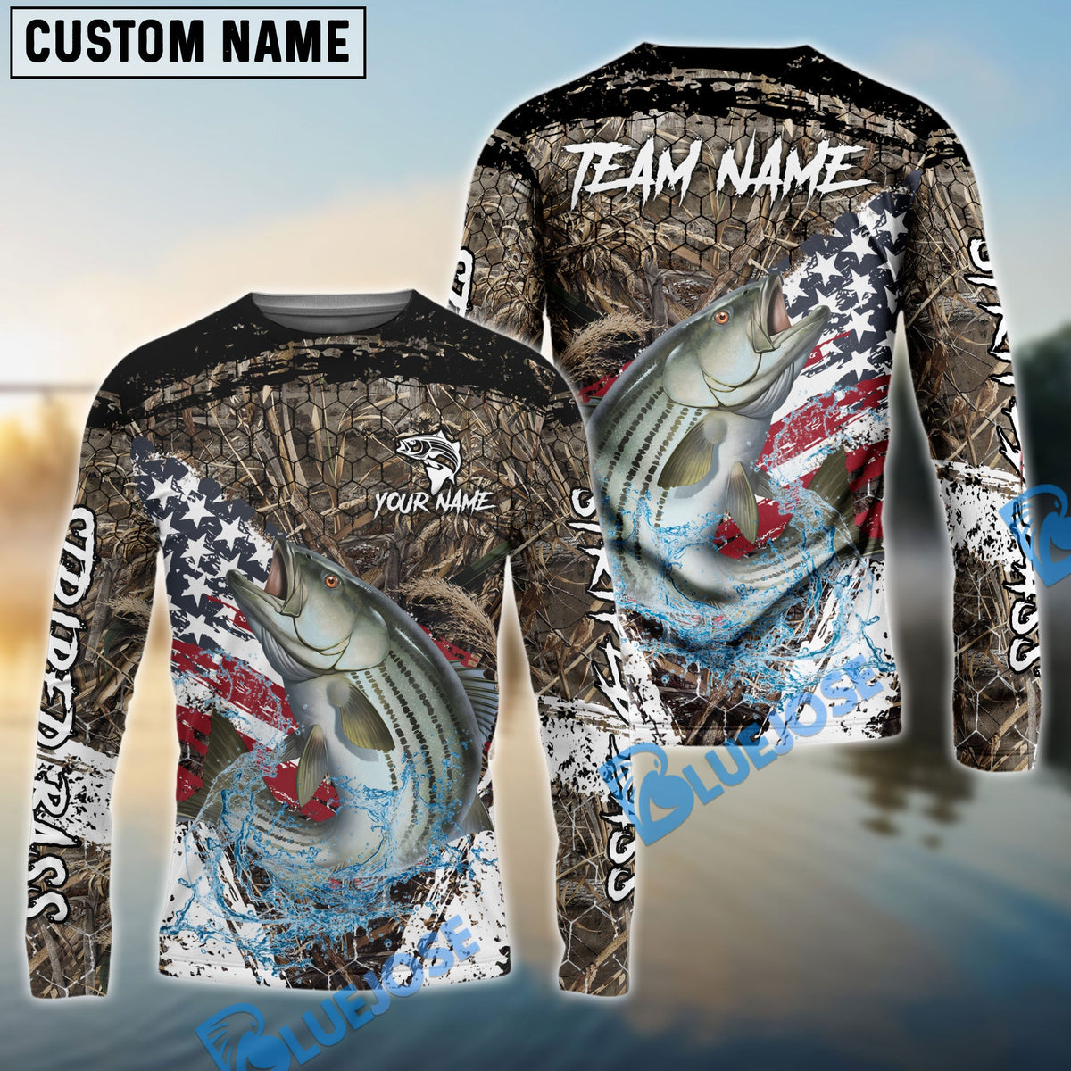 Bluejose Striped Bass Fishing American Flag Scratch Grass Camo Custom Name &amp; Team Name 3D Shirts