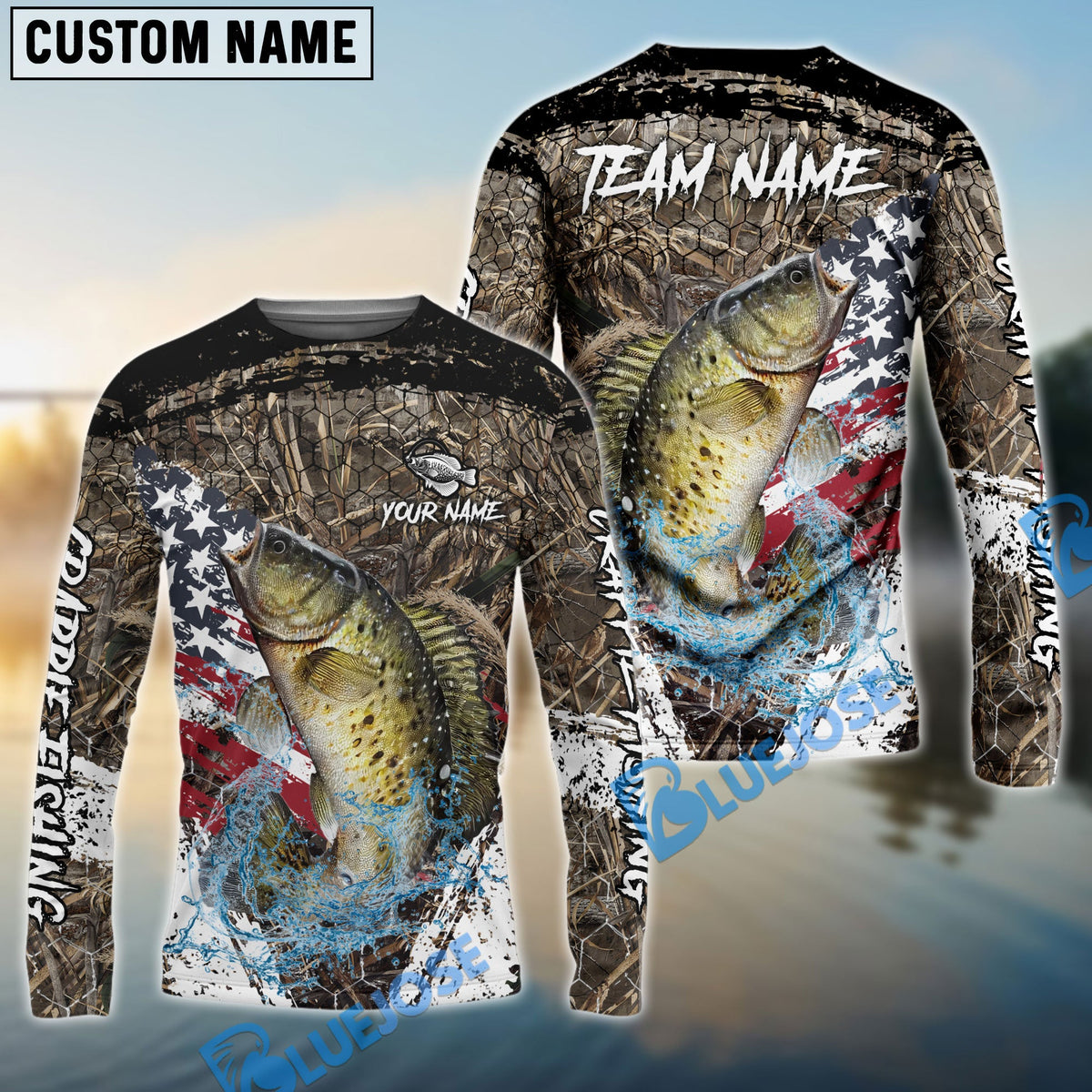 Bluejose Crappie Fishing American Flag Scratch Grass Camo Custom Name &amp; Team Name 3D Shirts