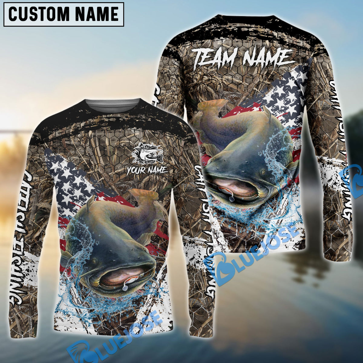 Bluejose Catfish Fishing American Flag Scratch Grass Camo Custom Name &amp; Team Name 3D Shirts