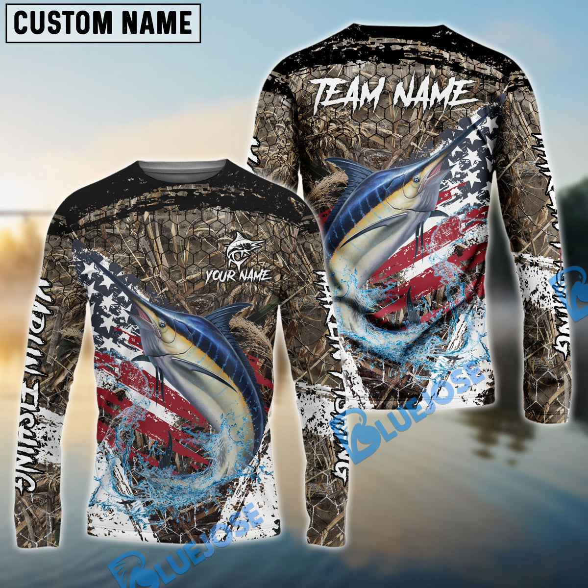 Bluejose Marlin Fishing American Flag Scratch Grass Camo Custom Name &amp; Team Name 3D Shirts