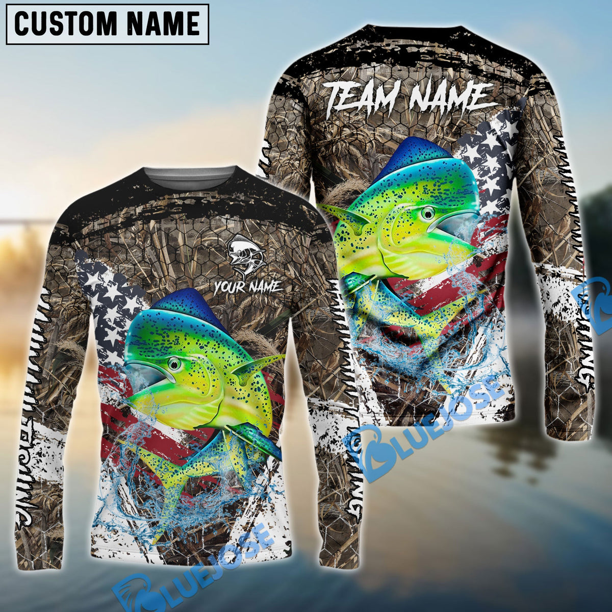 Bluejose Mahi-Mahi Fishing American Flag Scratch Grass Camo Custom Name &amp; Team Name 3D Shirts