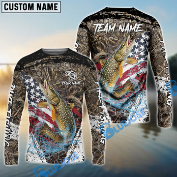 Bluejose Pike Fishing American Flag Scratch Grass Camo Custom Name & Team Name 3D Shirts