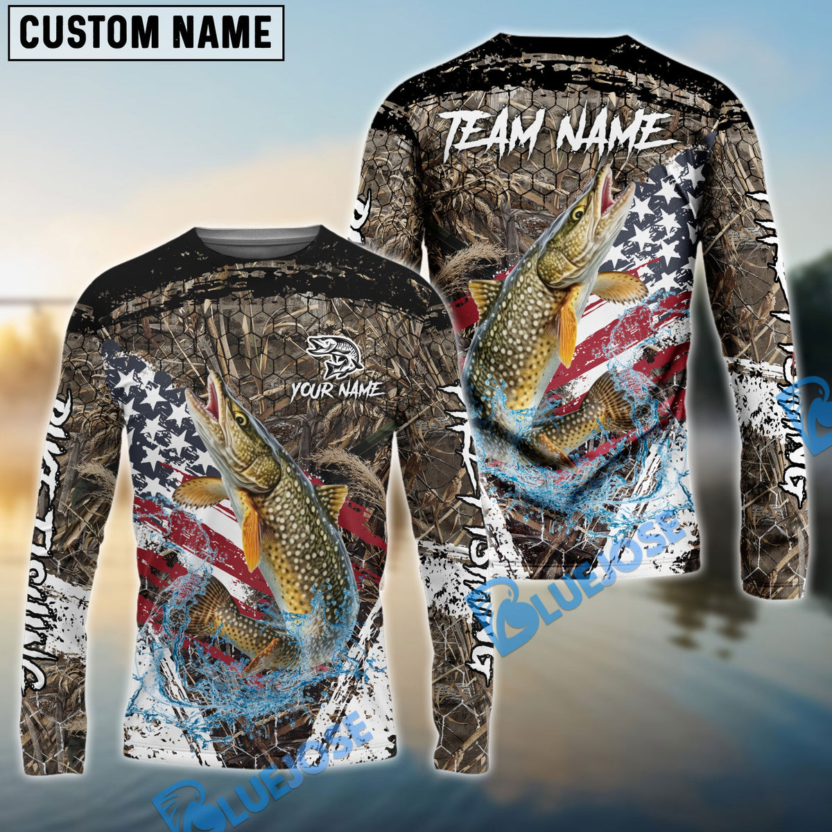 Bluejose Pike Fishing American Flag Scratch Grass Camo Custom Name &amp; Team Name 3D Shirts