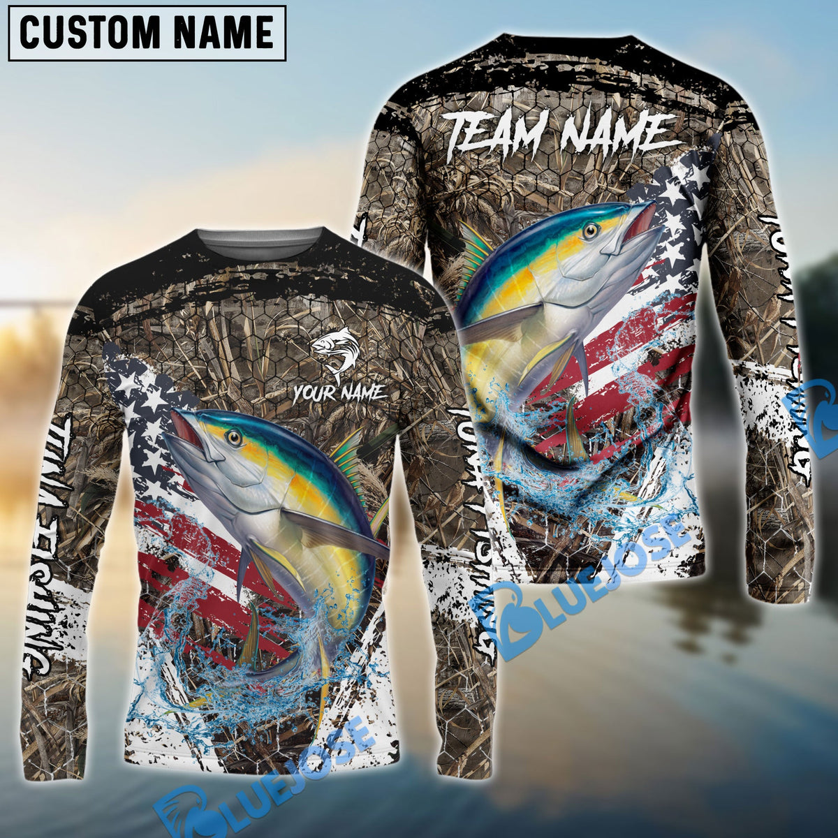Bluejose Tuna Fishing American Flag Scratch Grass Camo Custom Name &amp; Team Name 3D Shirts