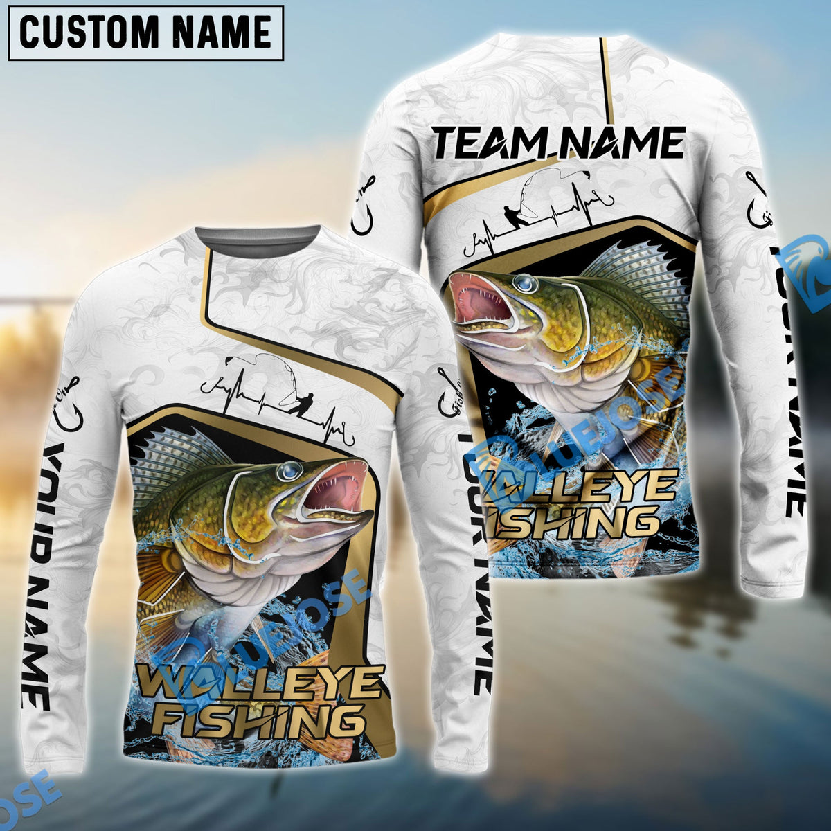 Bluejose Walleye Fishing White Marble &amp; Gold Trim Splash Heartbeat Line Custom Name &amp; Team Name 3D Shirts