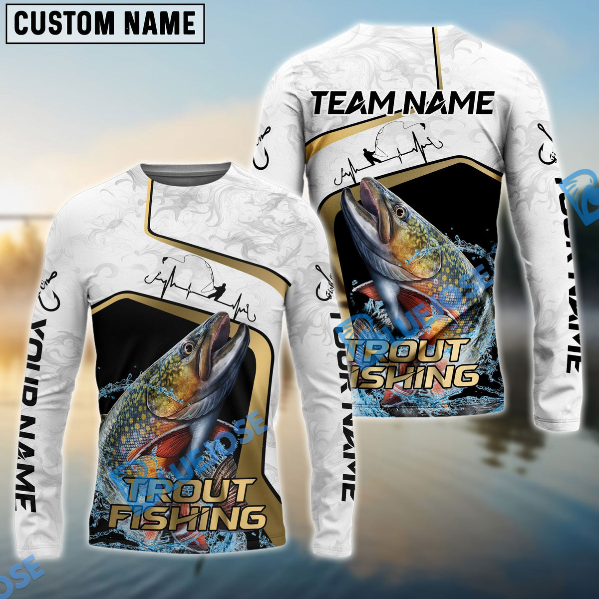Bluejose Trout Fishing White Marble &amp; Gold Trim Splash Heartbeat Line Custom Name &amp; Team Name 3D Shirts