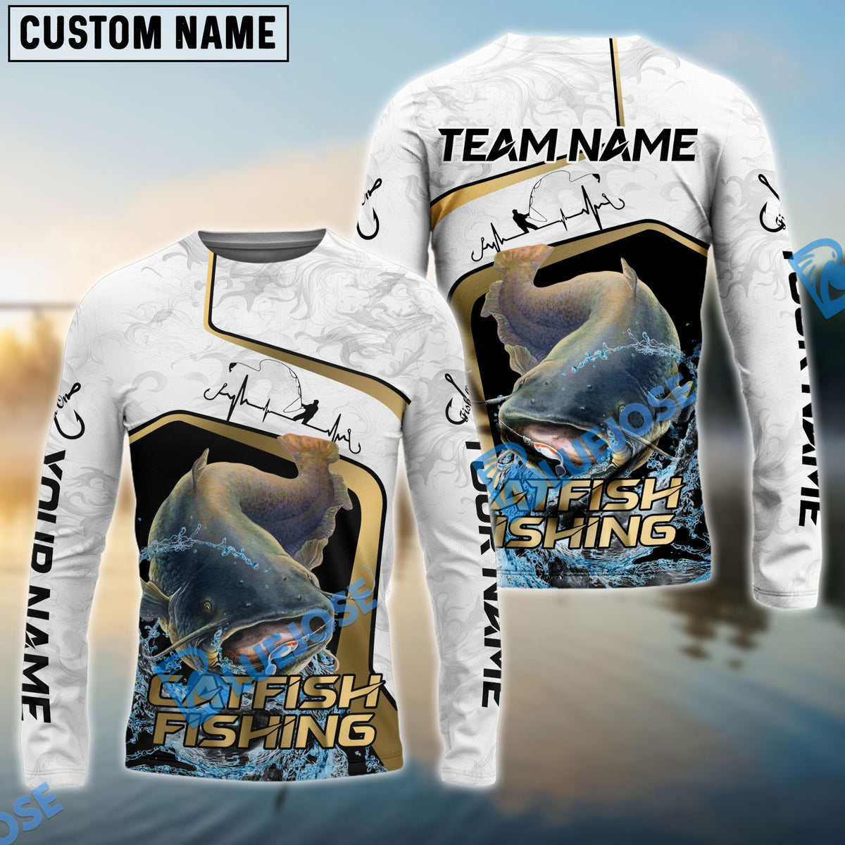 Bluejose Catfish Fishing White Marble &amp; Gold Trim Splash Heartbeat Line Custom Name &amp; Team Name 3D Shirts