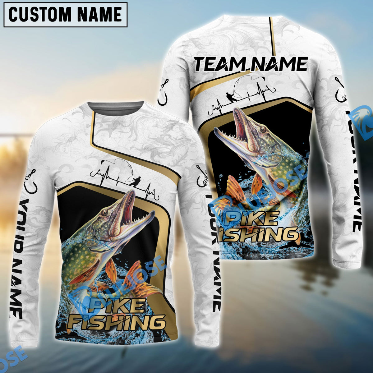 Bluejose Pike Fishing White Marble &amp; Gold Trim Splash Heartbeat Line Custom Name &amp; Team Name 3D Shirts