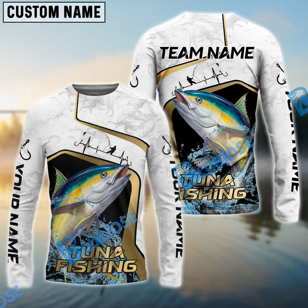 Bluejose Tuna Fishing White Marble &amp; Gold Trim Splash Heartbeat Line Custom Name &amp; Team Name 3D Shirts