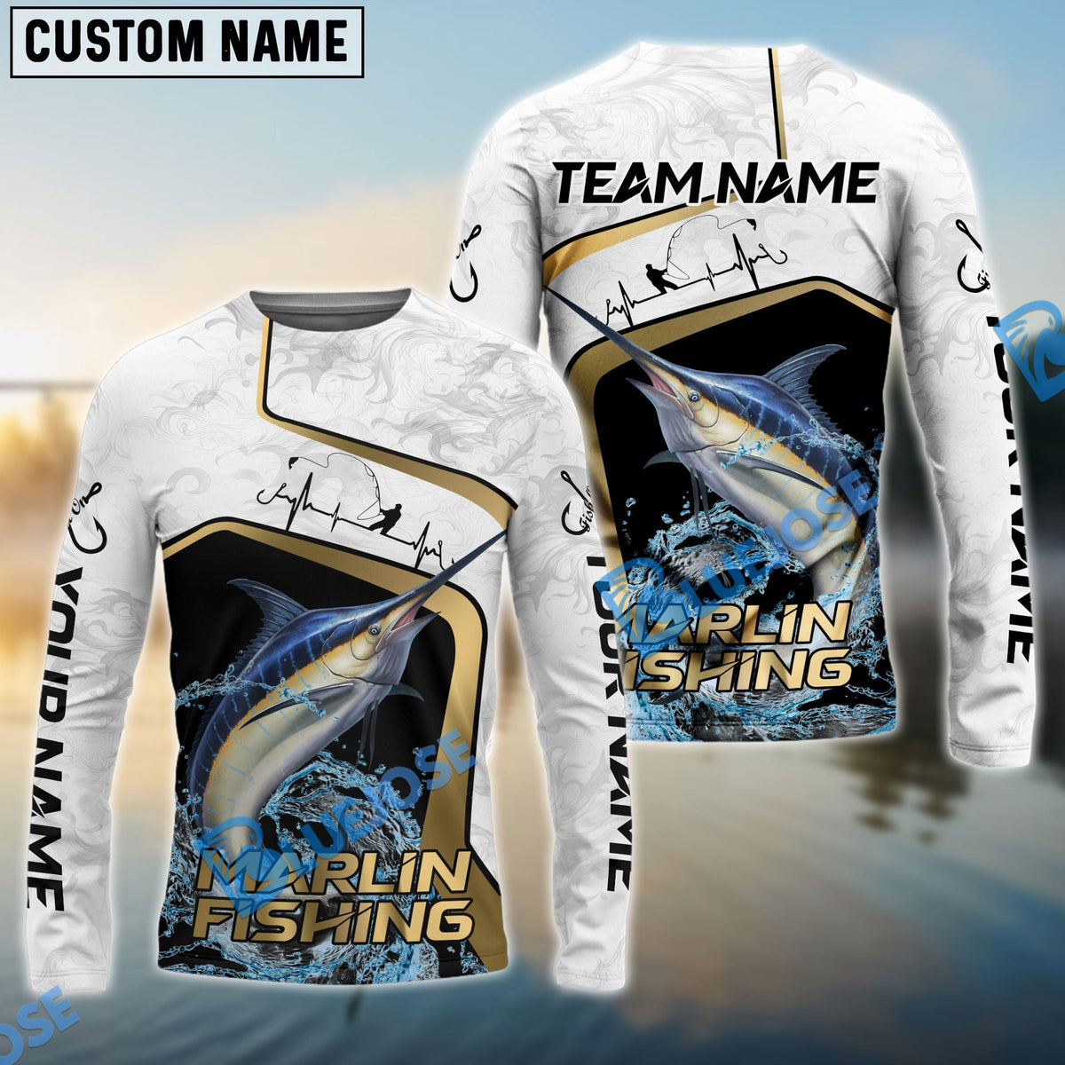 Bluejose Marlin Fishing White Marble &amp; Gold Trim Splash Heartbeat Line Custom Name &amp; Team Name 3D Shirts