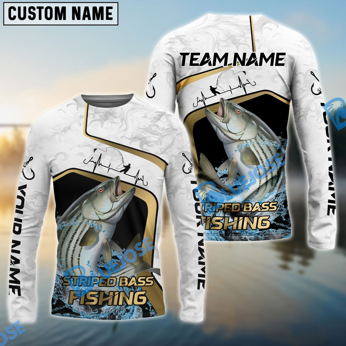Bluejose Striped Bass Fishing White Marble &amp; Gold Trim Splash Heartbeat Line Custom Name &amp; Team Name 3D Shirts