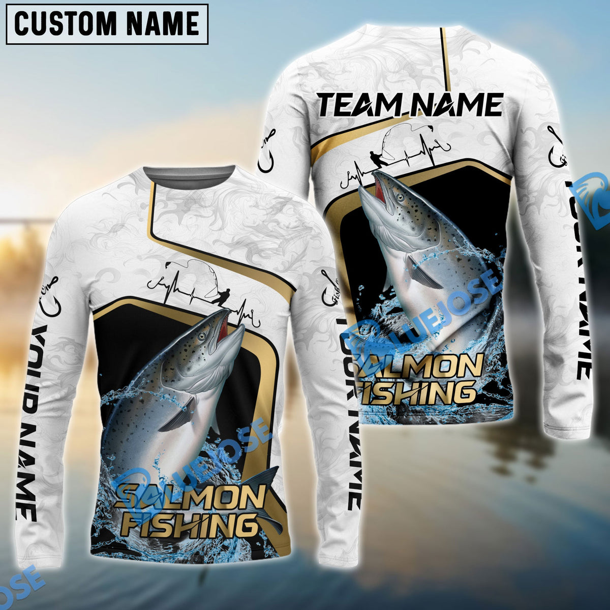 Bluejose Salmon Fishing White Marble &amp; Gold Trim Splash Heartbeat Line Custom Name &amp; Team Name 3D Shirts