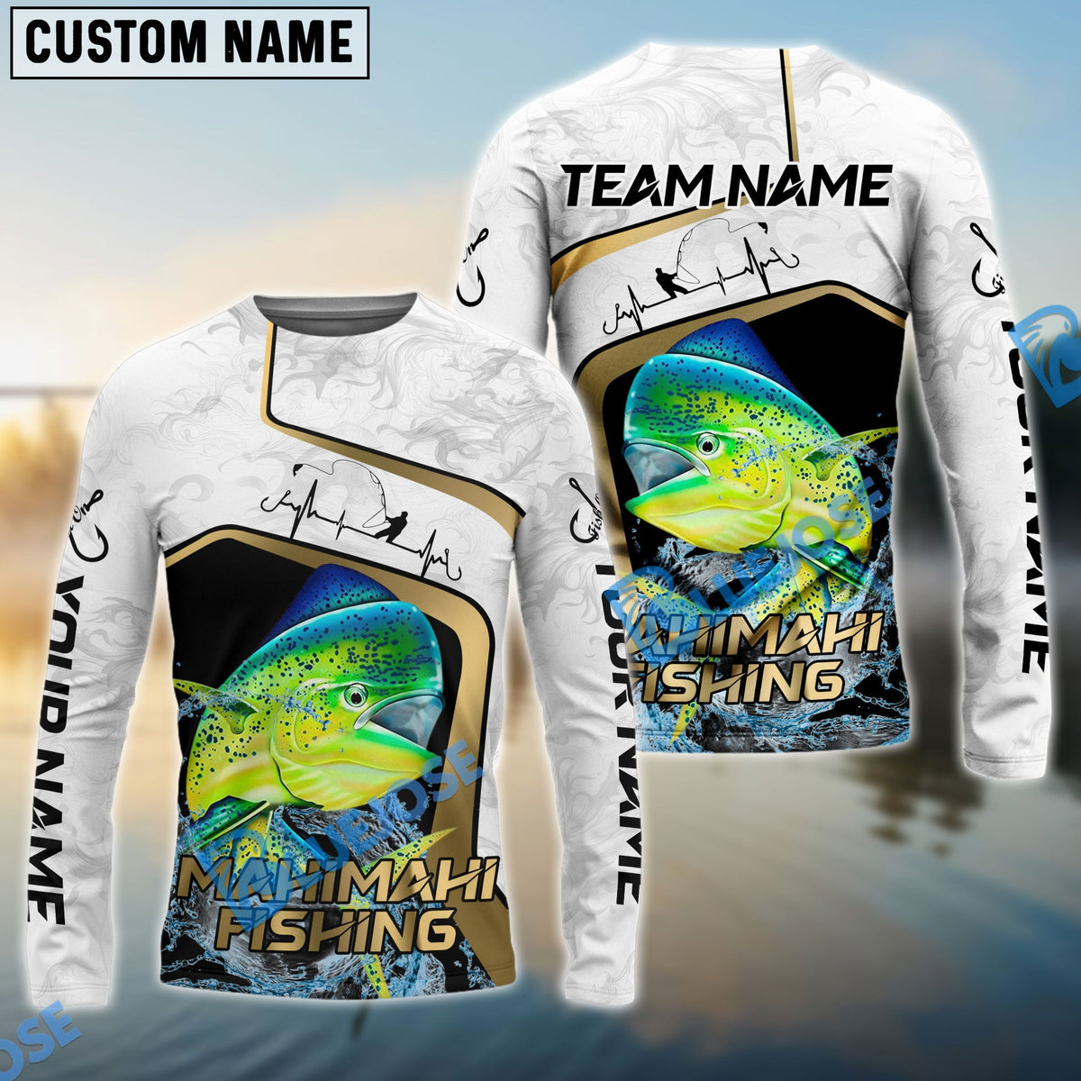 Bluejose Mahi-Mahi Fishing White Marble &amp; Gold Trim Splash Heartbeat Line Custom Name &amp; Team Name 3D Shirts