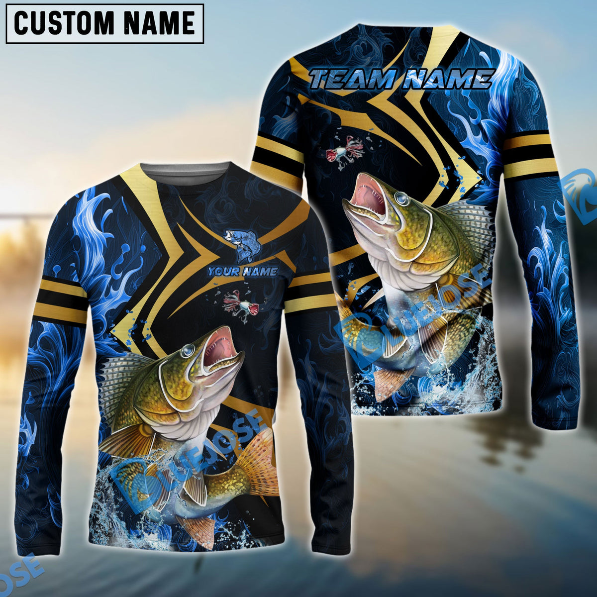 Bluejose Walleye Fishing Blue Ocean Wave &amp; Gold Geometric Custom Name &amp; Team Name 3D Shirts