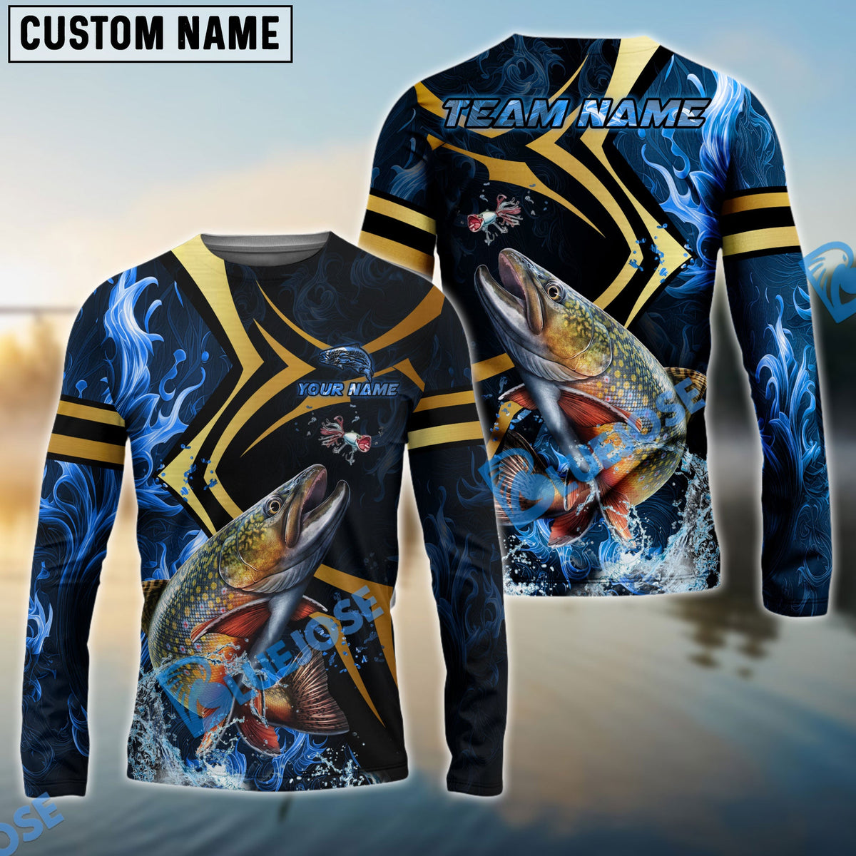 Bluejose Trout Fishing Blue Ocean Wave &amp; Gold Geometric Custom Name &amp; Team Name 3D Shirts