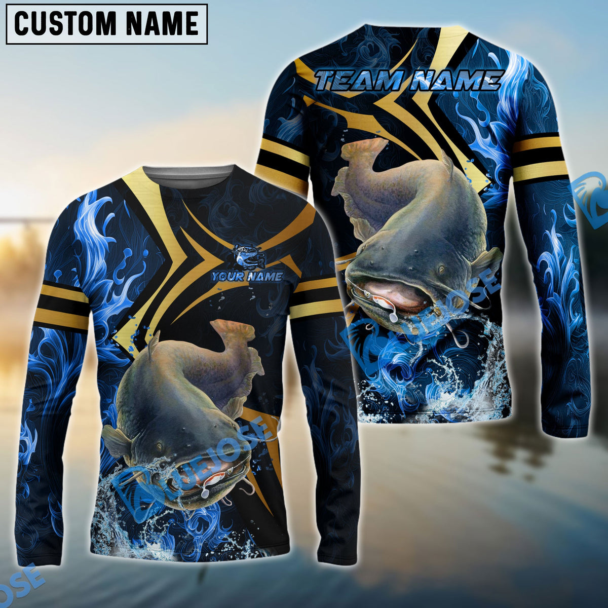 Bluejose Catfish Fishing Blue Ocean Wave &amp; Gold Geometric Custom Name &amp; Team Name 3D Shirts