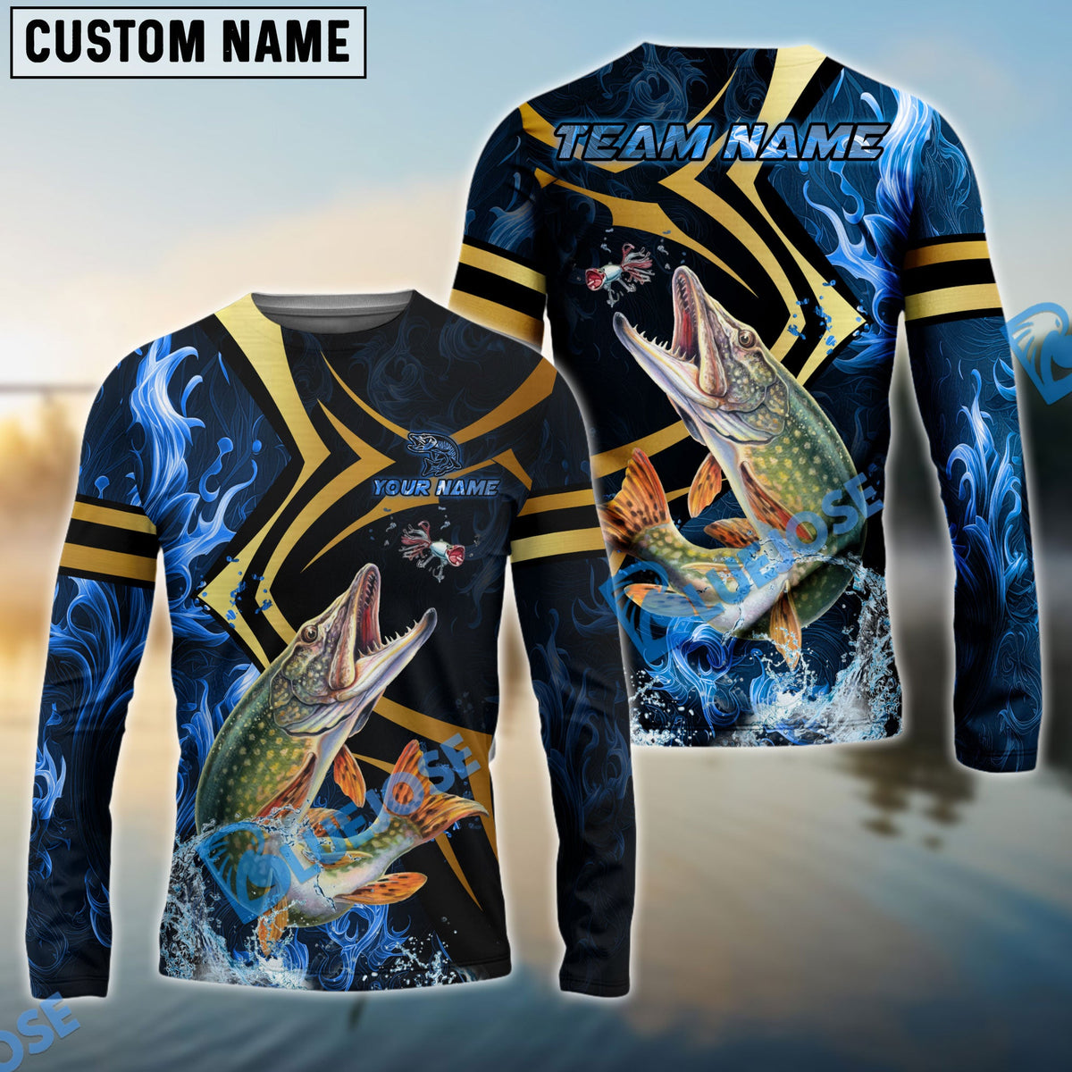 Bluejose Pike Fishing Blue Ocean Wave &amp; Gold Geometric Custom Name &amp; Team Name 3D Shirts